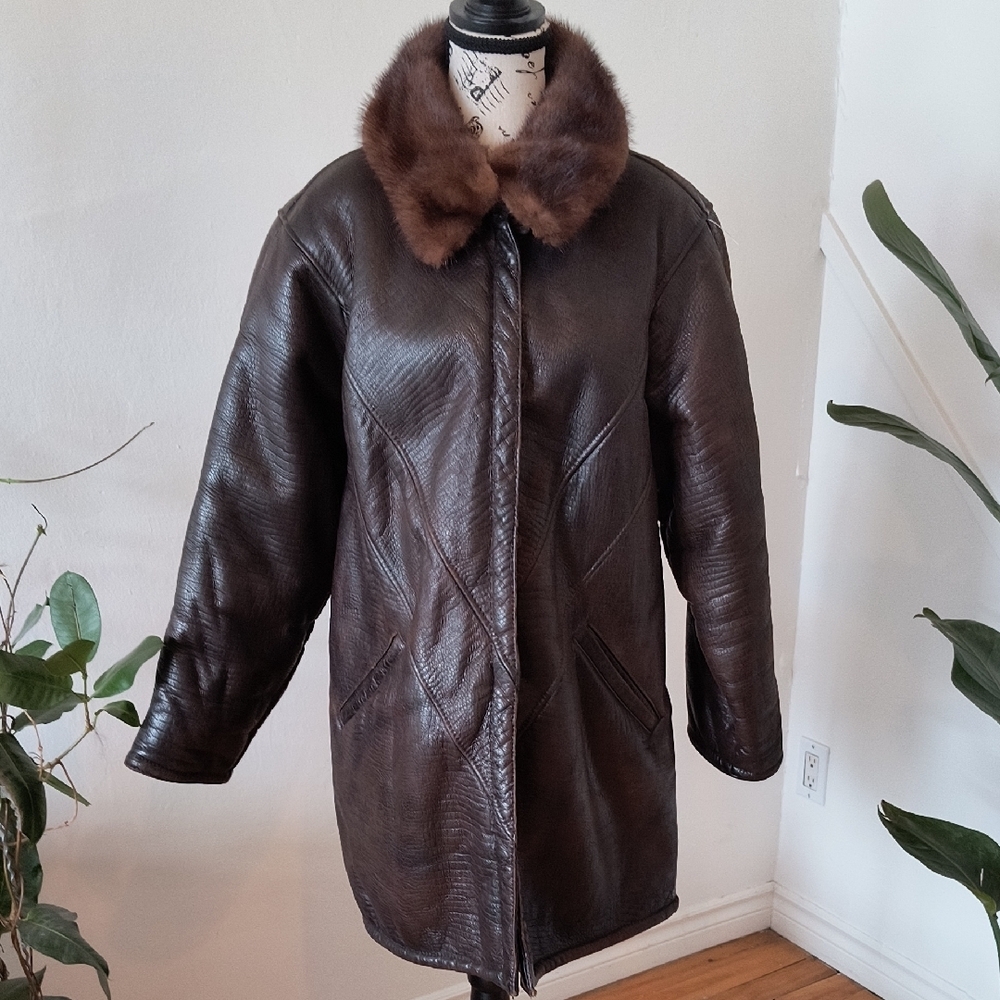Original Shearling Brown Crocodile Embossed Coat with Fur Collar. Size Large